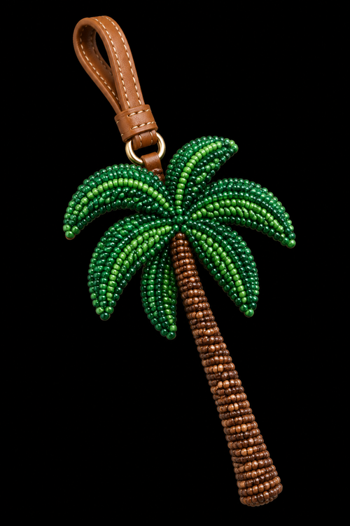 Détail du bijou Palm Tree avec attache en cuir, fond noir