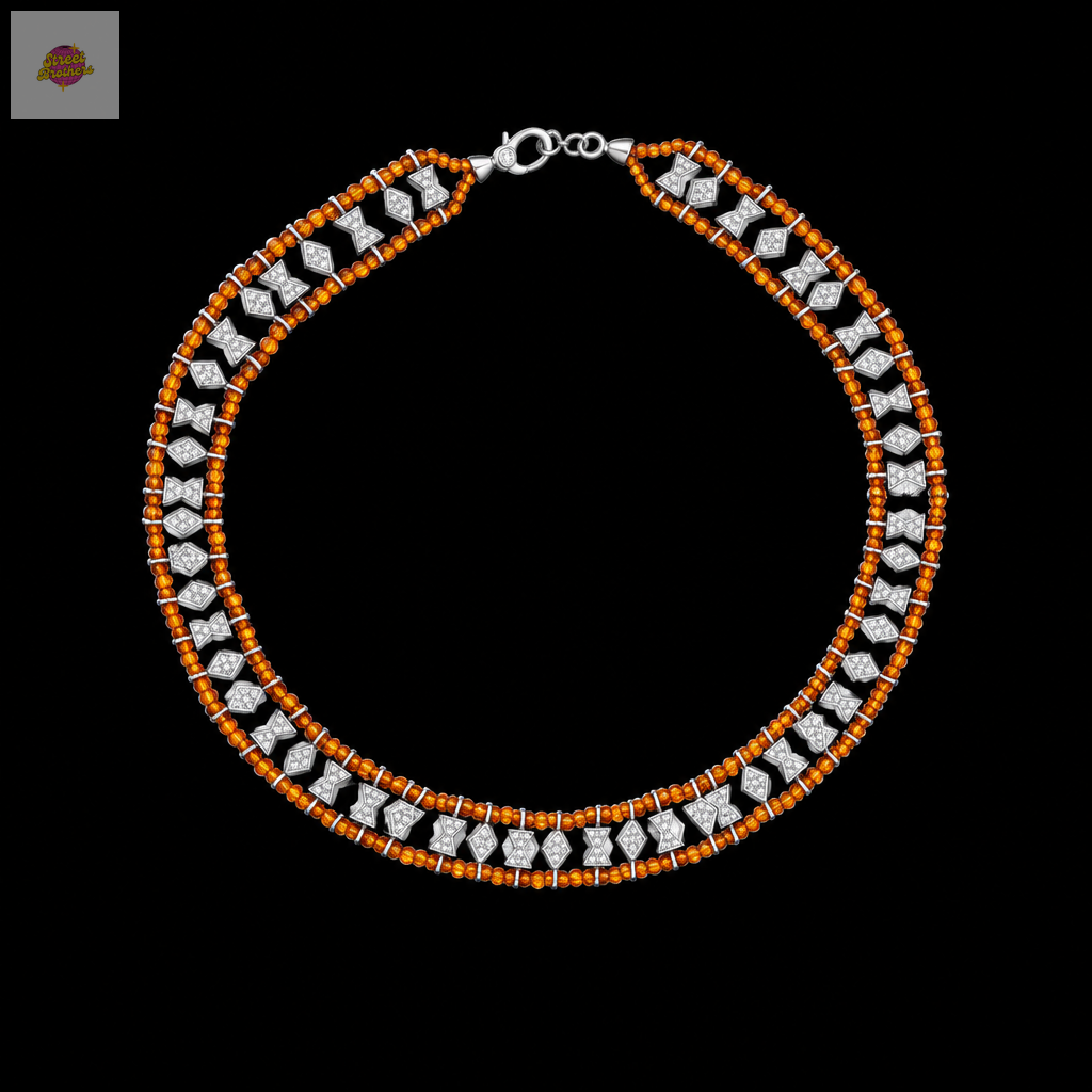 Collier ras de cou en ambre et argent sur fond noir