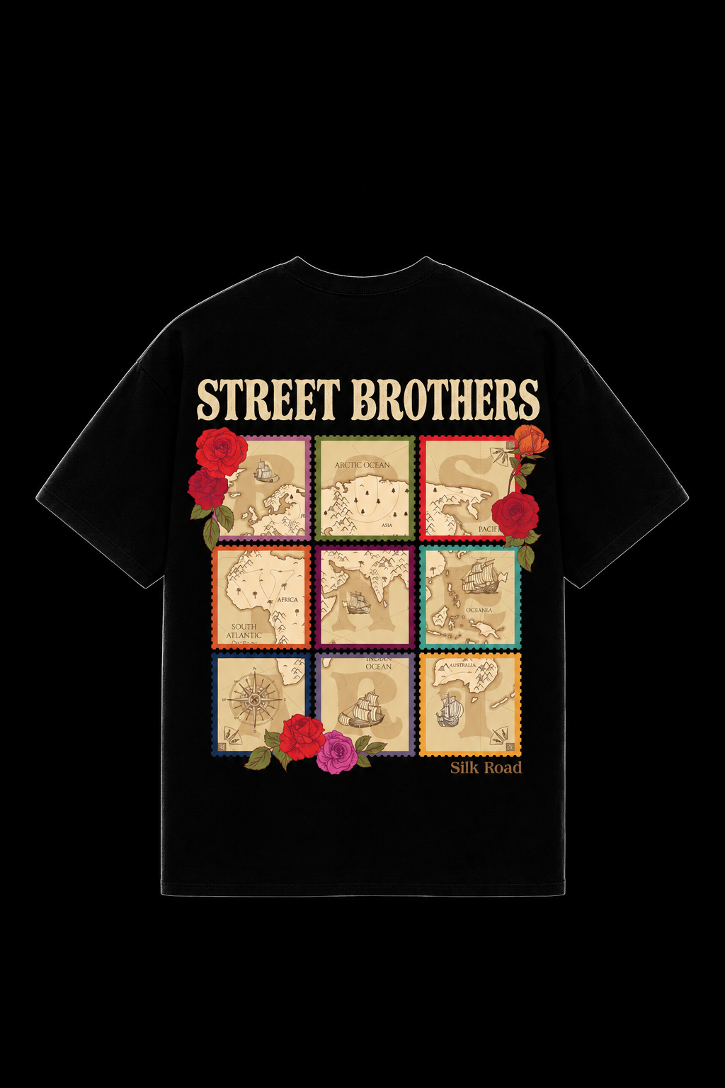 T-shirt Silk Road Map Street Brothers noir dos sur fond noir