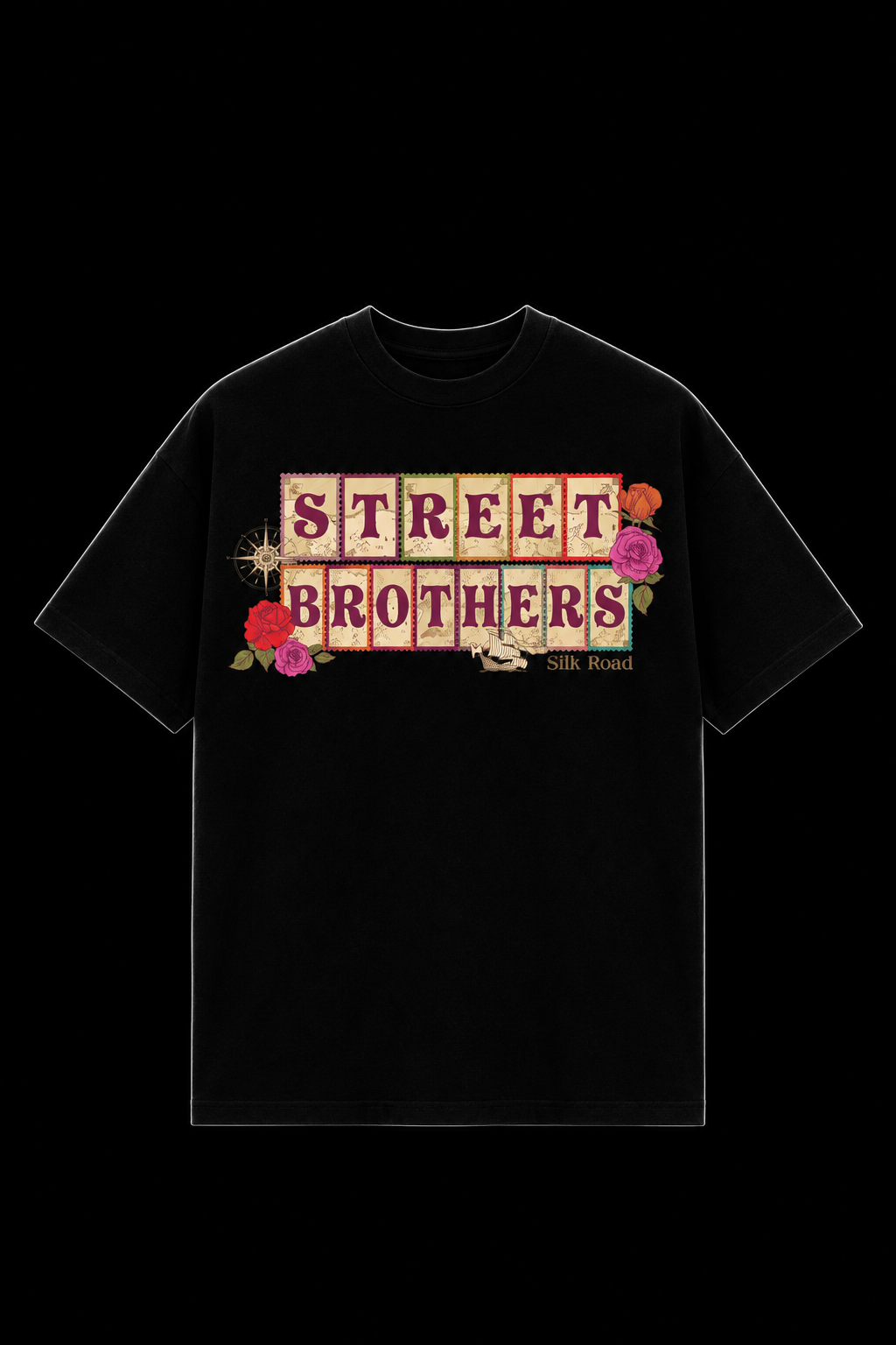 T-shirt Silk Road Map Street Brothers noir devant sur fond noir