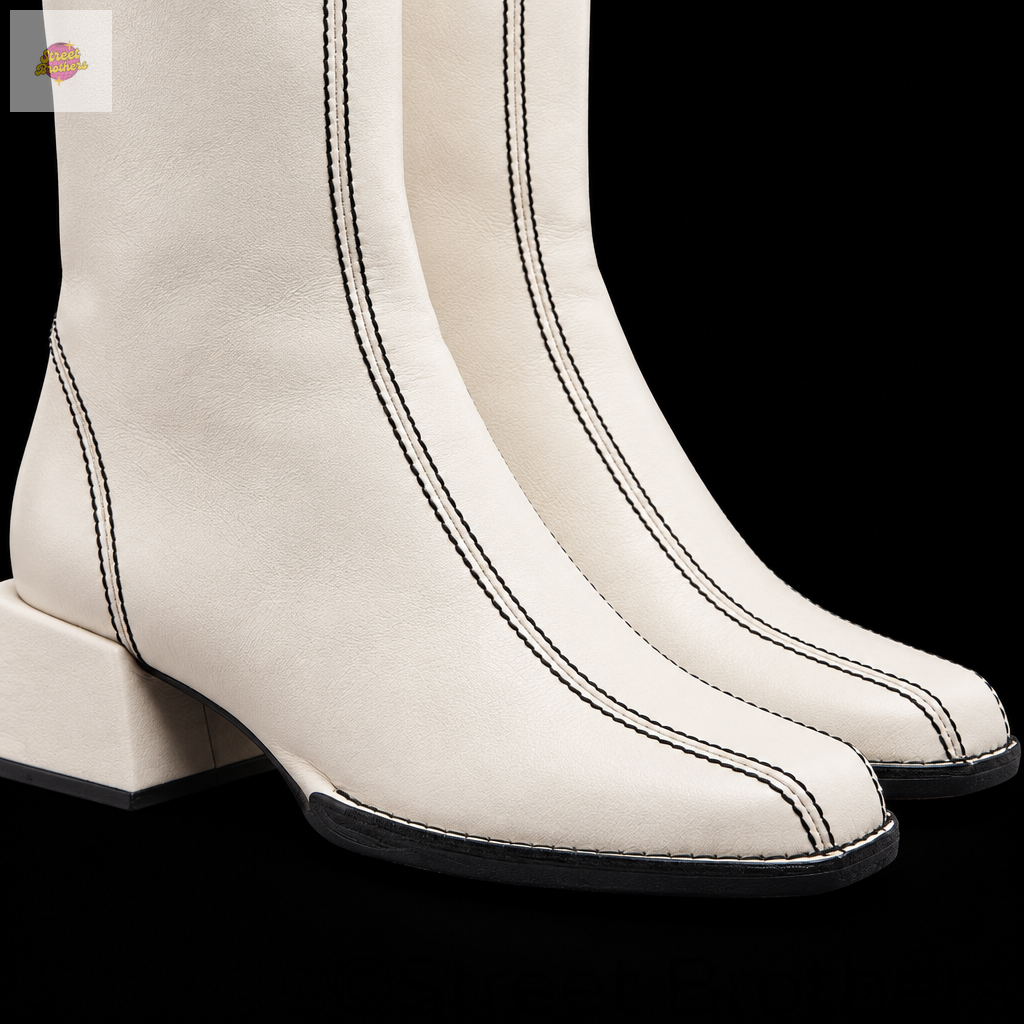 Détail du cuir blanc et des coutures noires à l’avant de la bottine Idealo
