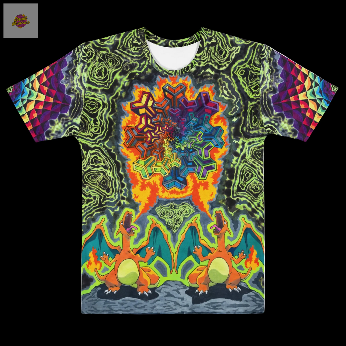 T-shirt Shinning Champions imprimé multicolore, vue avant sur fond noir